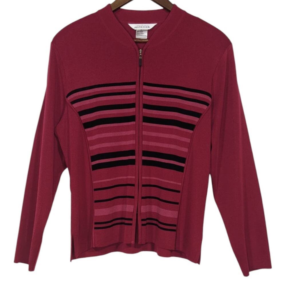 Y2K Exclusively Misook Zip Up Cardigan Striped Fuchia Black Pink Wine Large